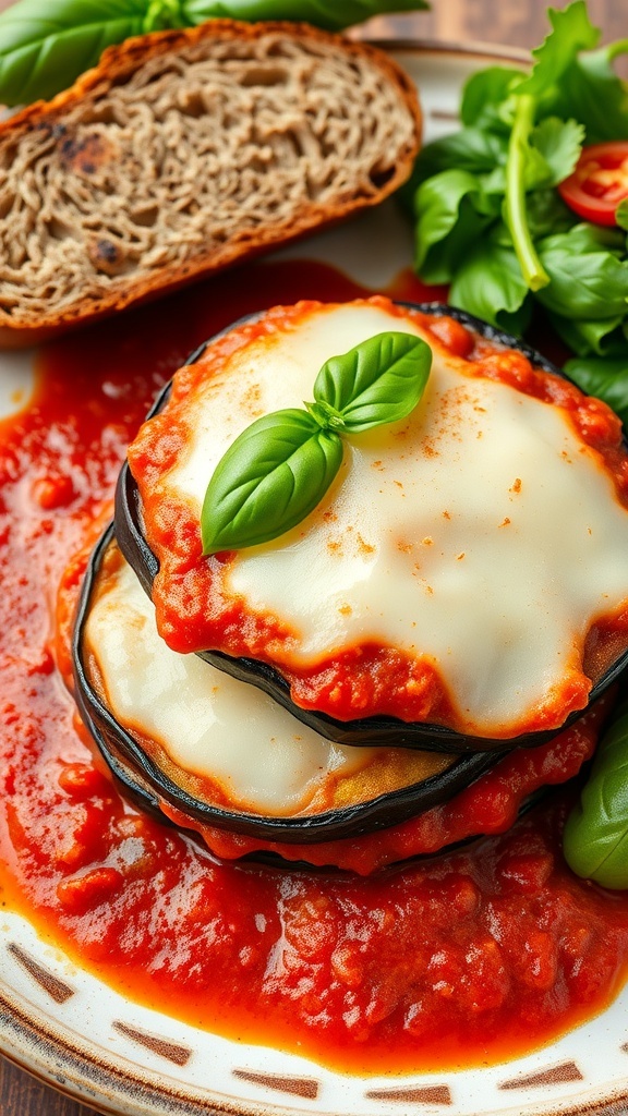 A serving of eggplant parmesan with baked eggplant, marinara sauce, and melted cheese, garnished with basil.